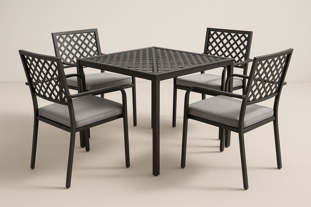 Set da Pranzo in Metallo Nero con 4 Sedie Cuscinate Grigio
