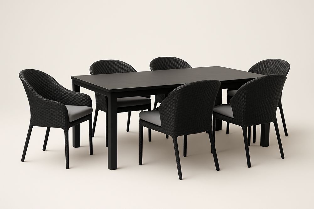 Set da Pranzo Tavolo in Alluminio e 6 Sedie in Rattan Sintetico Nero