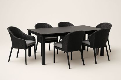 Set da Pranzo Tavolo in Alluminio e 6 Sedie in Rattan Sintetico Nero