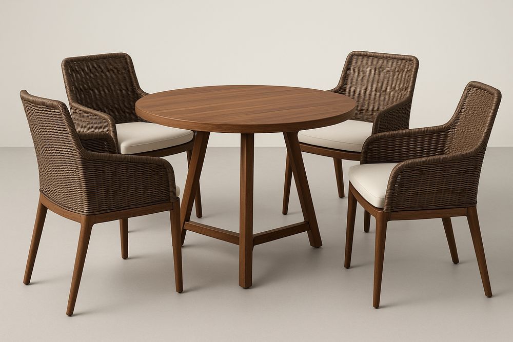 Set tavolo rotondo in legno e sedie in rattan sintetico con cuscini bianchi - Diametro 100 cm