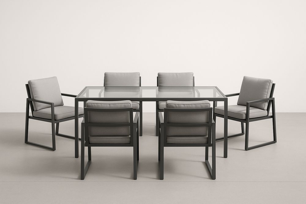 Set Tavolo da Pranzo in Alluminio e Vetro con 6 Sedie in Tessuto Grigio