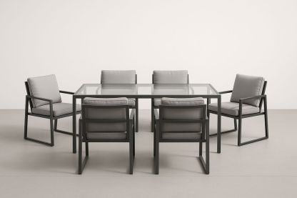 Set Tavolo da Pranzo in Alluminio e Vetro con 6 Sedie in Tessuto Grigio