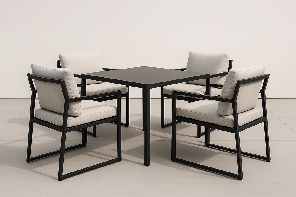 Set da pranzo da esterno in metallo nero e tessuto beige con tavolo quadrato e 4 sedie