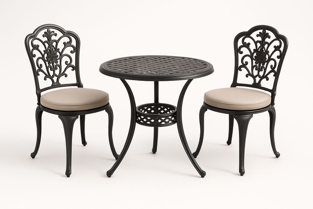 Set bistrò in alluminio nero con sedie cuscinate e tavolo rotondo