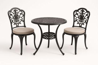 Set bistrò in alluminio nero con sedie cuscinate e tavolo rotondo