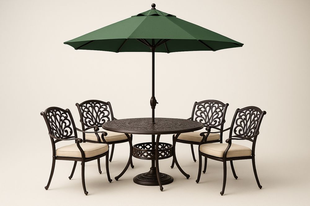 Set da giardino in alluminio con tavolo rotondo e 4 sedie con ombrellone verde