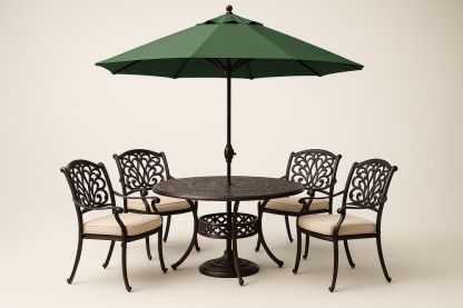 Set da giardino in alluminio con tavolo rotondo e 4 sedie con ombrellone verde