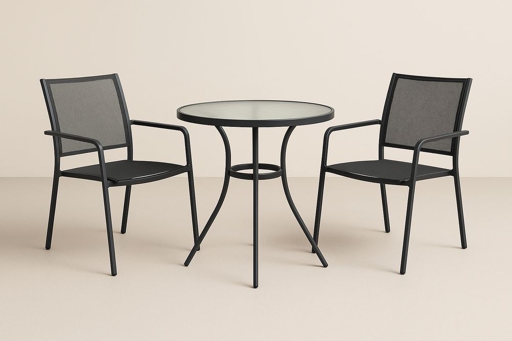 Set Tavolo e Sedie da Esterno in Acciaio e Vetro Temperato Nero
