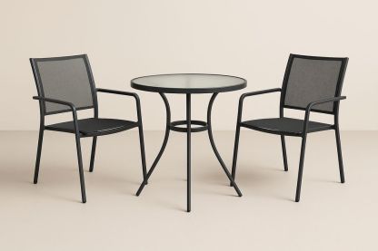 Set Tavolo e Sedie da Esterno in Acciaio e Vetro Temperato Nero