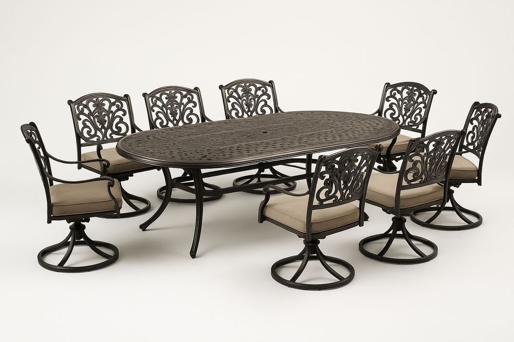 Set da Pranzo Esterno in Alluminio con Tavolo Ovale e 8 Sedie Girevoli