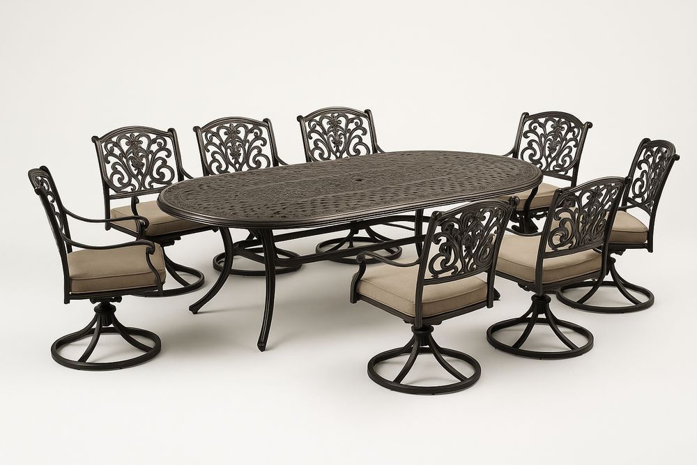 Set da Pranzo Esterno in Alluminio con Tavolo Ovale e 8 Sedie Girevoli