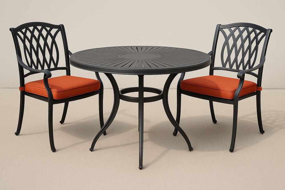 Set da Giardino in Alluminio Nero con Tavolo Rotondo e 2 Sedie con Cuscini Arancioni