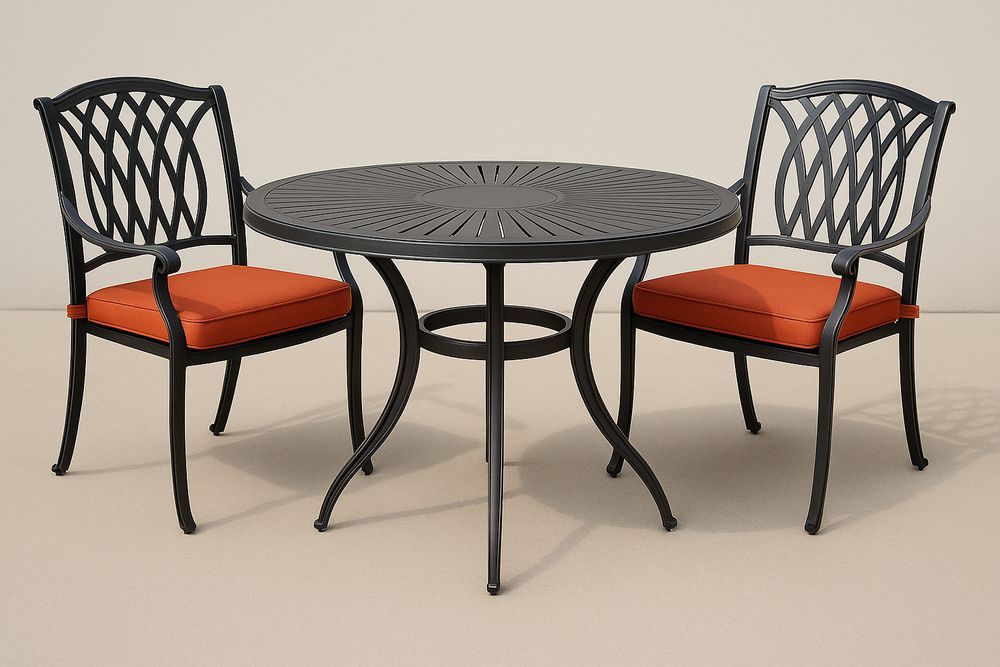 Set da Giardino in Alluminio Nero con Tavolo Rotondo e 2 Sedie con Cuscini Arancioni
