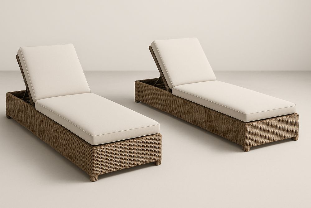 Set di 2 lettini prendisole in rattan con cuscini crema