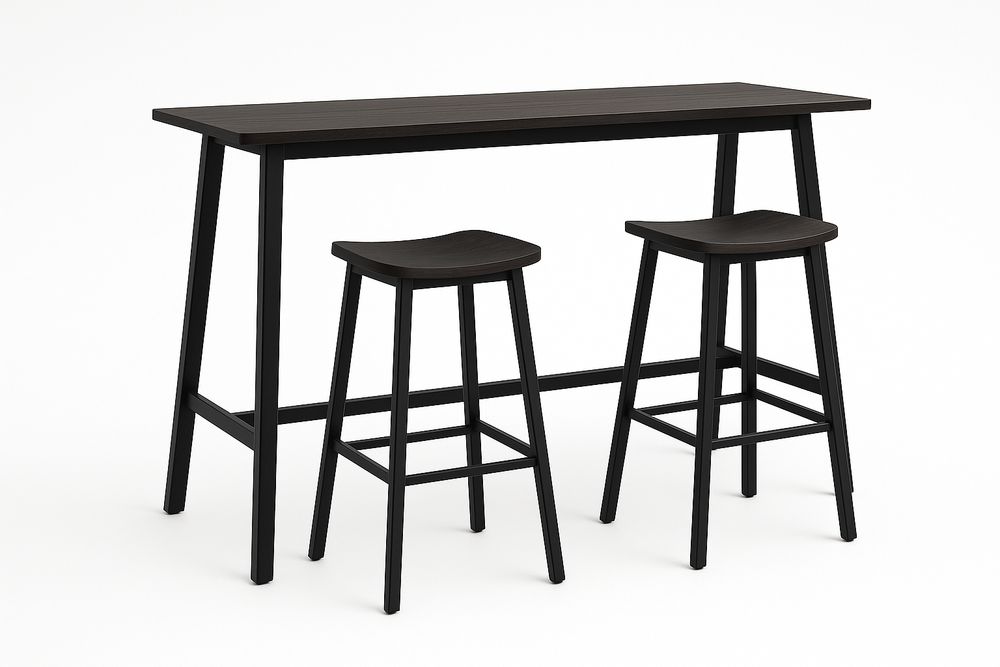Table haute rectangulaire en bois noir avec tabourets