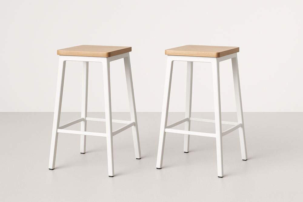 Tabourets Carrés en Bois et Métal Blanc Lot de 2