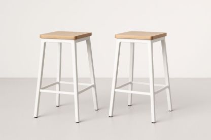 Tabourets Carrés en Bois et Métal Blanc Lot de 2