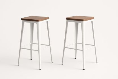 Tabouret de Bar Carré Acier et Bois Blanc 30x30x75 cm Lot de 2