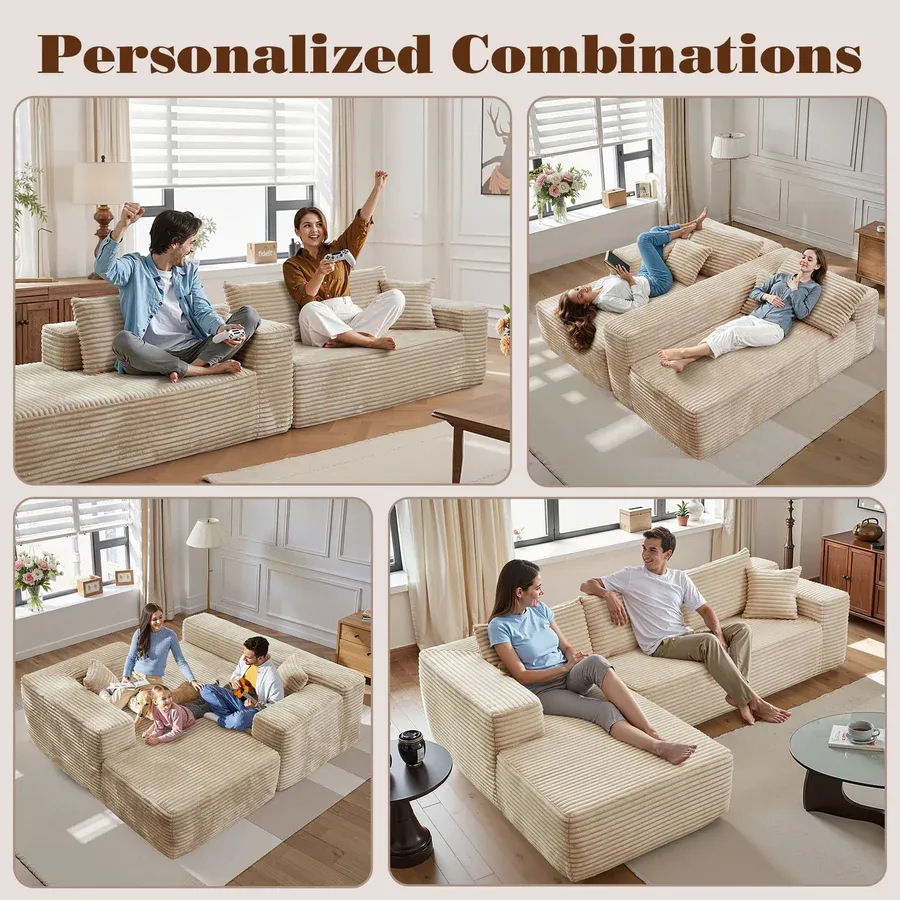 104" L-Shape Modular Couch with Chaise, Plush Corduroy Fabric, No Assembly Required