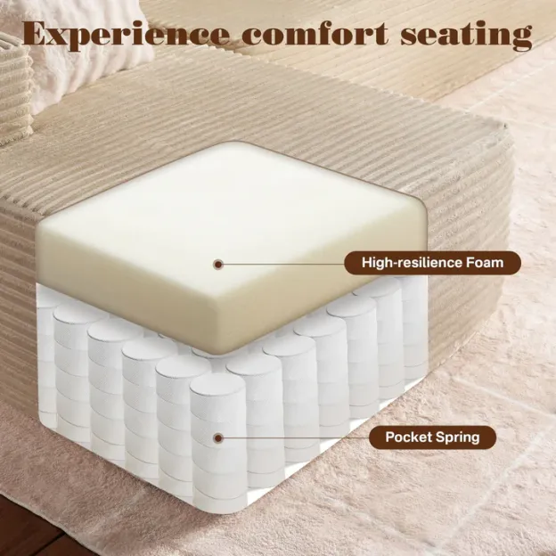 104" L-Shape Modular Couch with Chaise, Plush Corduroy Fabric, No Assembly Required