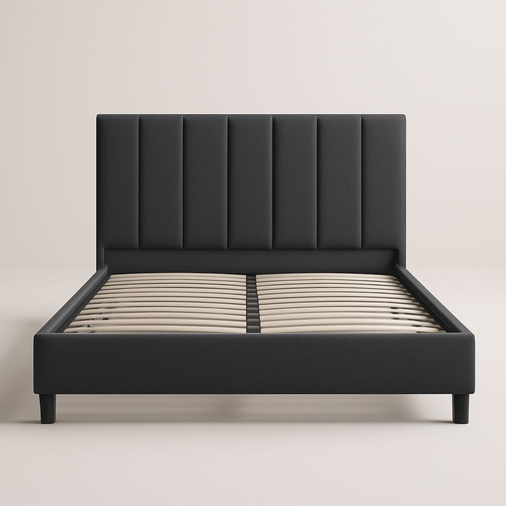 Letto matrimoniale in tessuto poliestere nero con testiera imbottita 170x220 cm-Auraverilo
