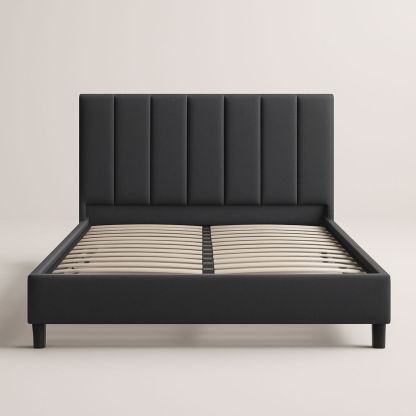 Letto matrimoniale in tessuto poliestere nero con testiera imbottita 170x220 cm-Auraverilo