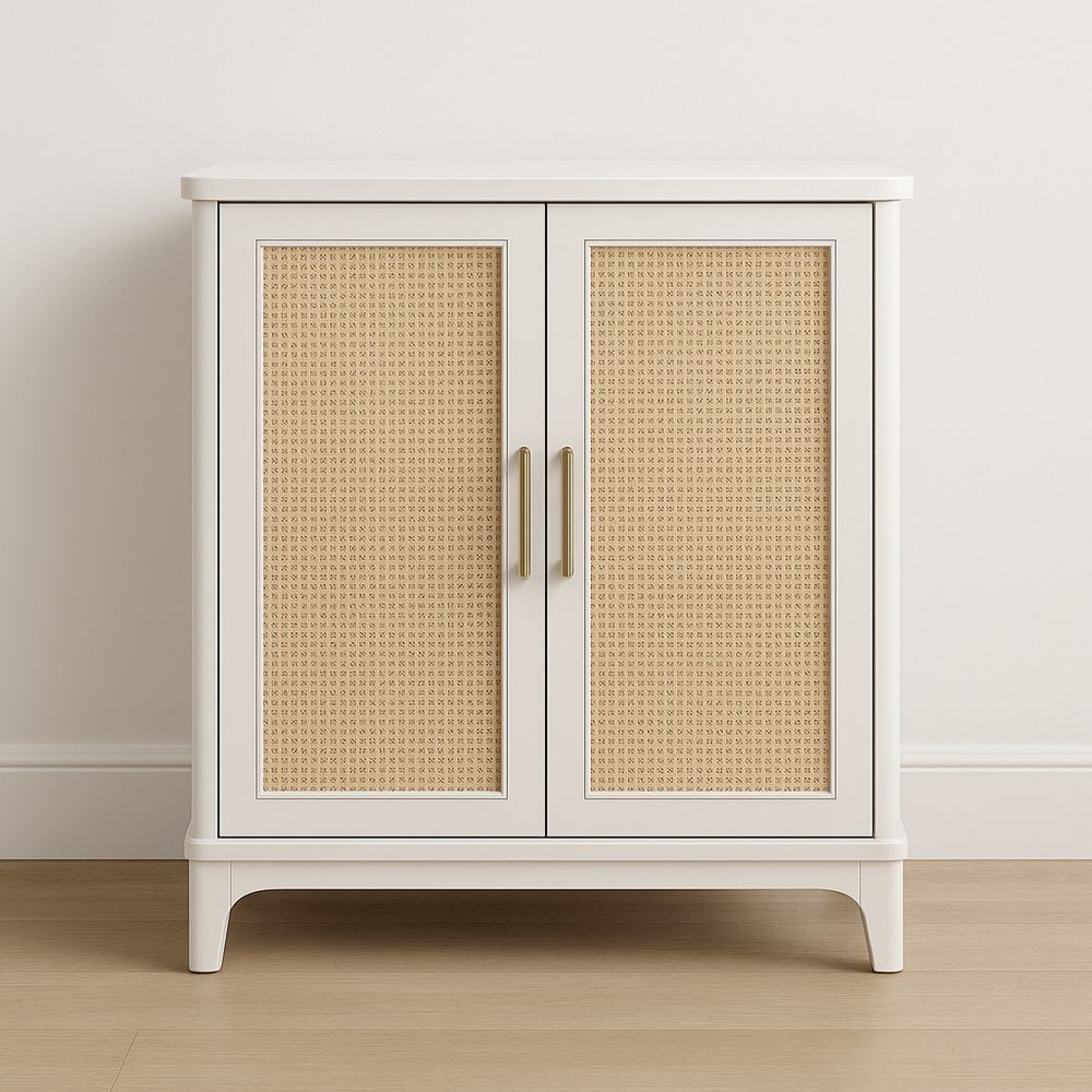 Mobile contenitore in legno bianco/naturale con pannelli in rattan.-Auraverilo