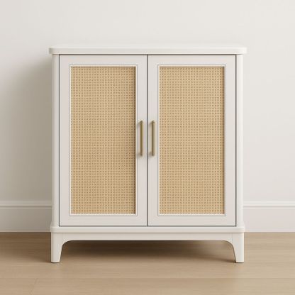 Mobile contenitore in legno bianco/naturale con pannelli in rattan.-Auraverilo