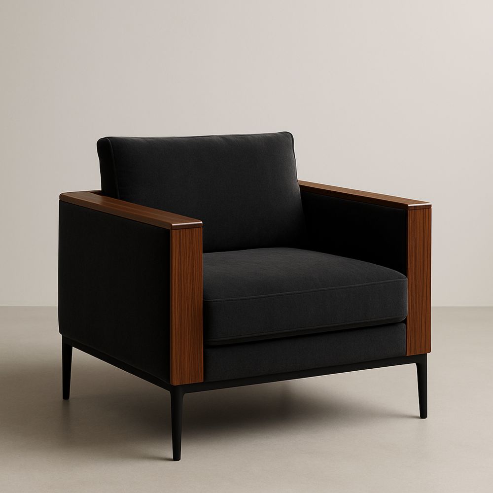 Poltrona in Tessuto Poliestere con Braccioli in Legno Massello e Gambe in Metallo Nero-Auraverilo