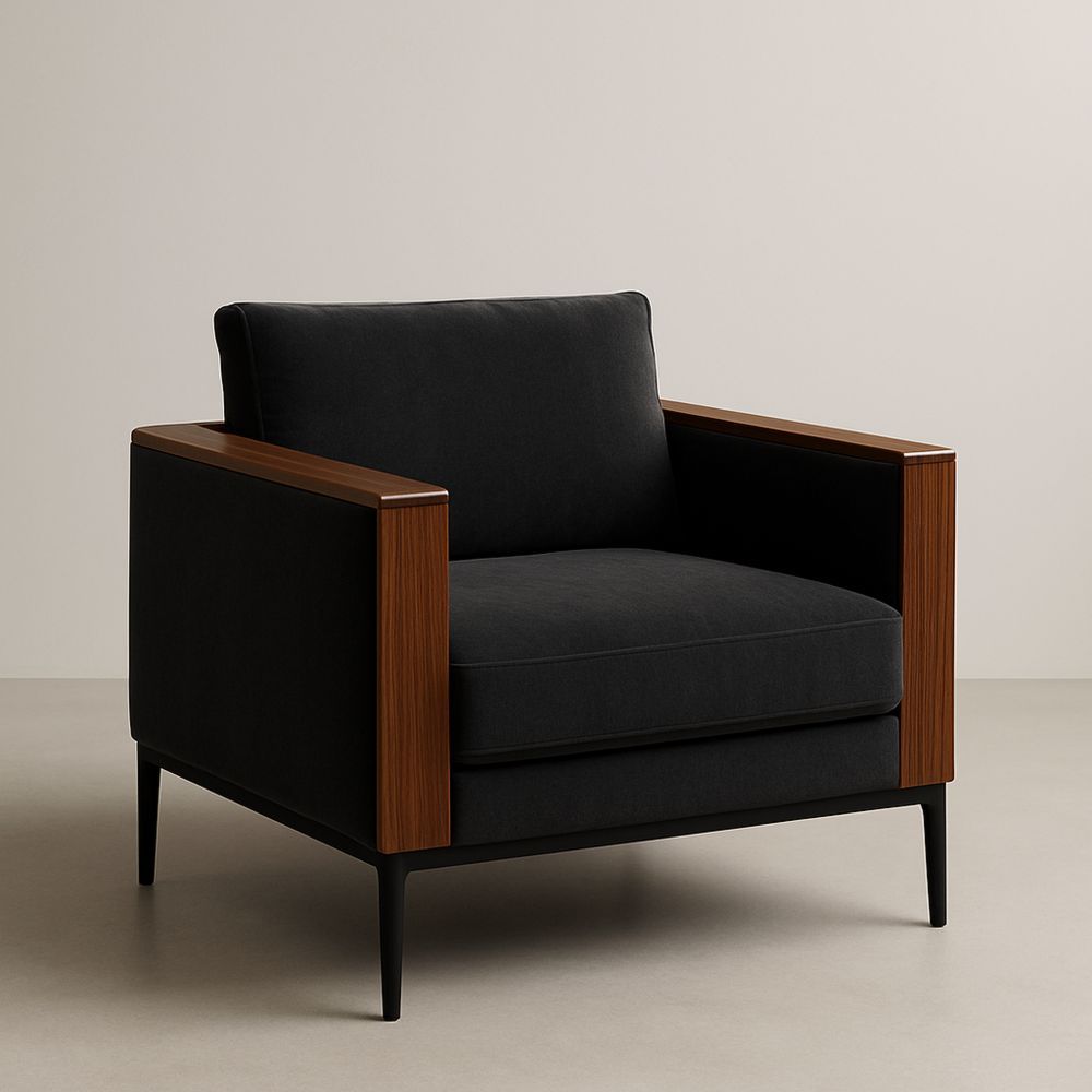 Poltrona in Tessuto Poliestere con Braccioli in Legno Massello e Gambe in Metallo Nero-Auraverilo