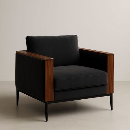 Poltrona in Tessuto Poliestere con Braccioli in Legno Massello e Gambe in Metallo Nero-Auraverilo