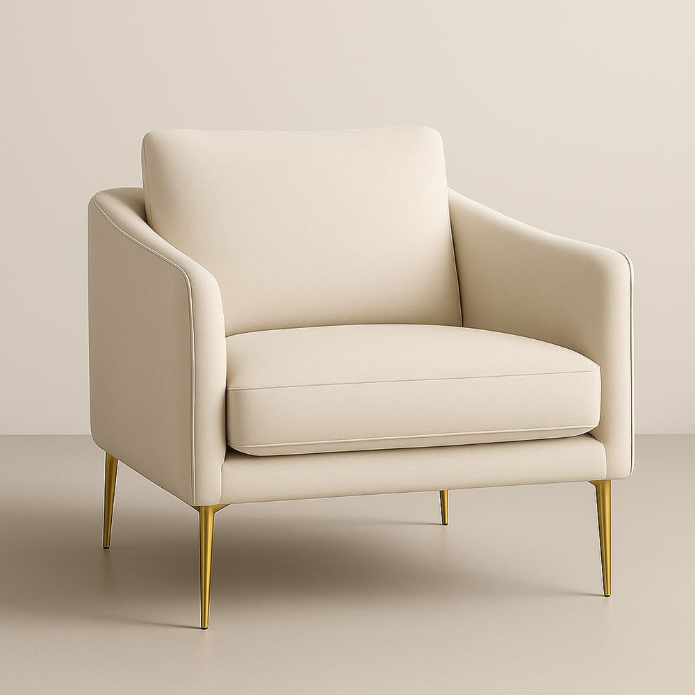 Poltrona in poliestere beige con gambe in metallo dorato-Auraverilo