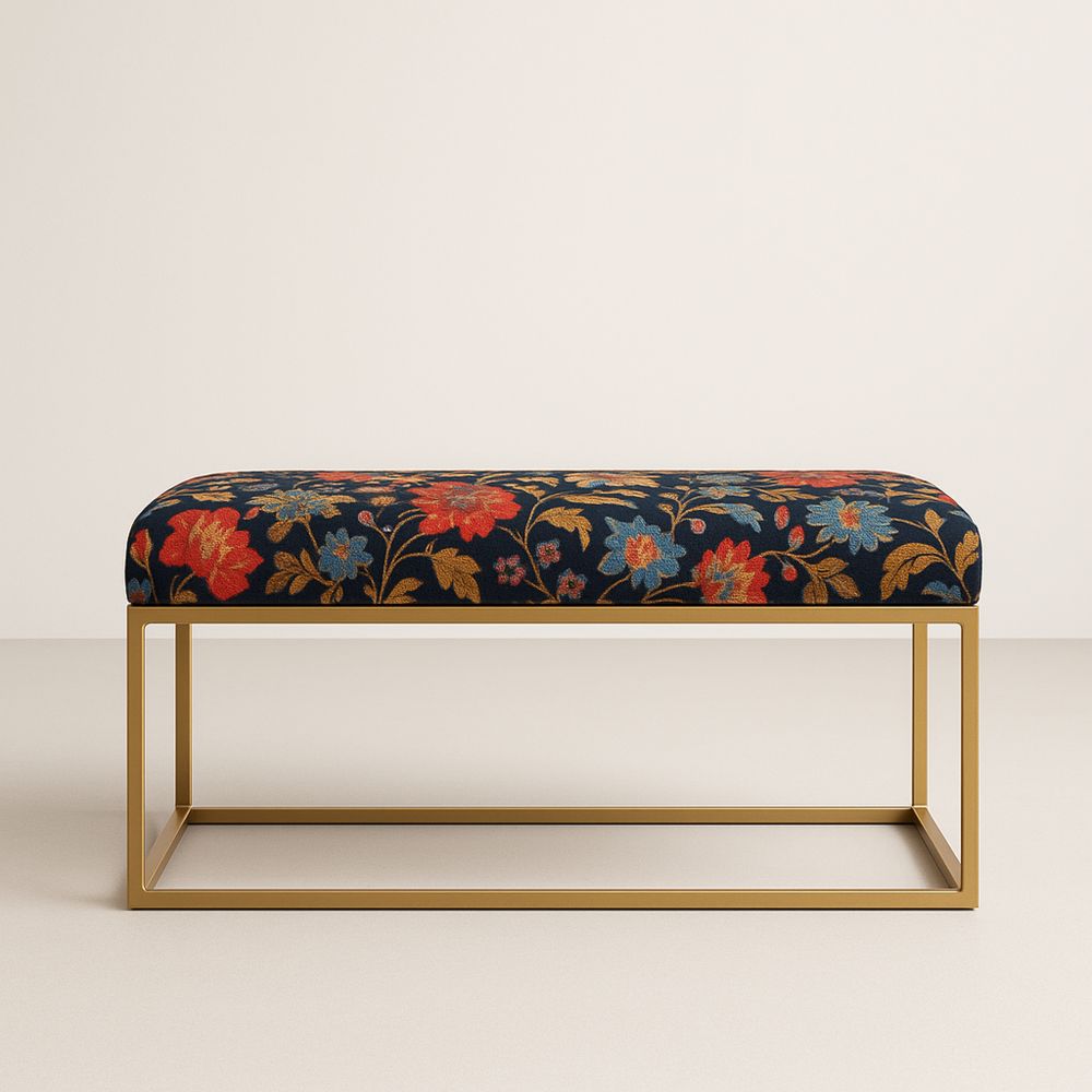 Panca in tessuto floreale poliestere con struttura in acciaio dorato 100x40x45 cm Blu/Rosso/Giallo-Auraverilo