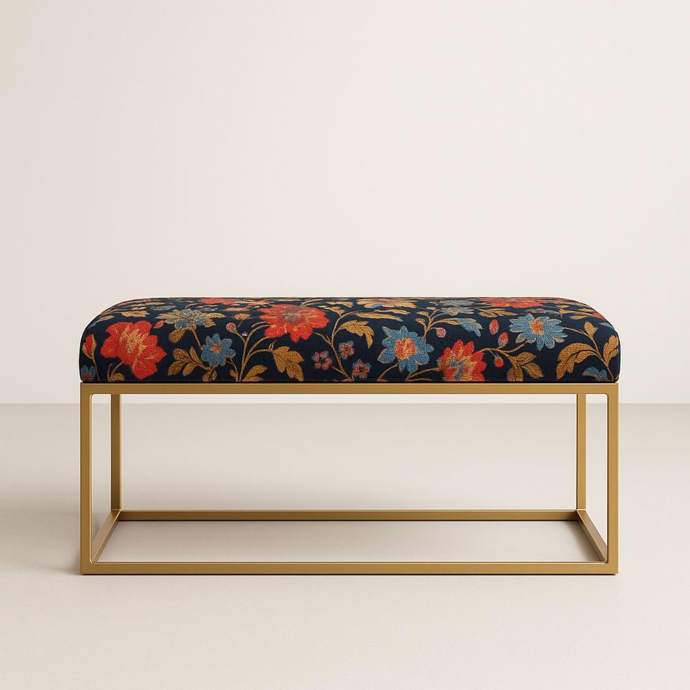 Panca in tessuto floreale poliestere con struttura in acciaio dorato 100x40x45 cm Blu/Rosso/Giallo-Auraverilo