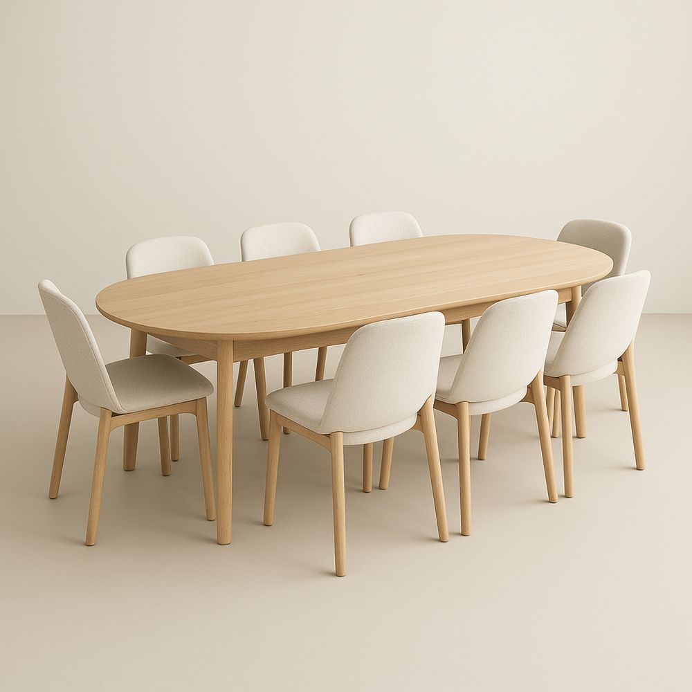 Set tavolo ovale in legno e 8 sedie imbottite beige-Auraverilo