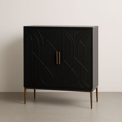 Mobiletto in MDF Nero con Gambe in Acciaio Dorato 90x40x100 cm-Auraverilo