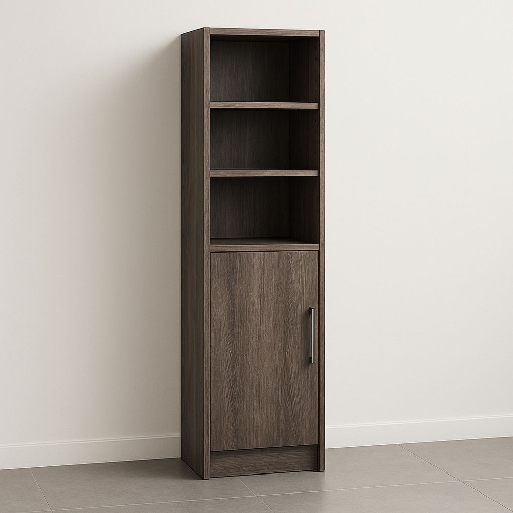 Scaffale alto in legno composito marrone con tre ripiani e anta 40x30x180 cm-Auraverilo