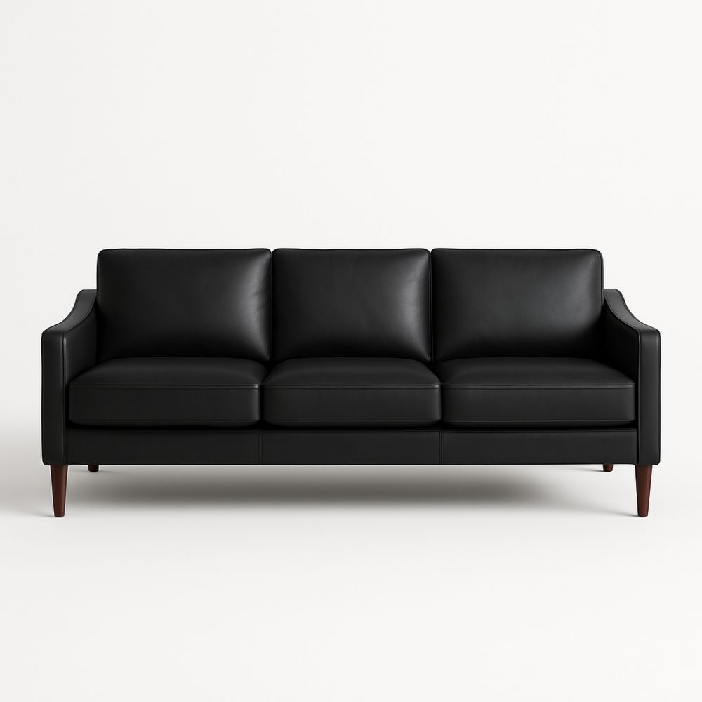 Divano a Tre Posti in Pelle Nera con Struttura in Legno-Auraverilo