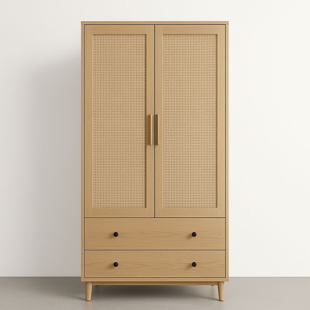 Armadio Legno e Rattan con 2 Cassetti 180x90x50 cm-Auraverilo