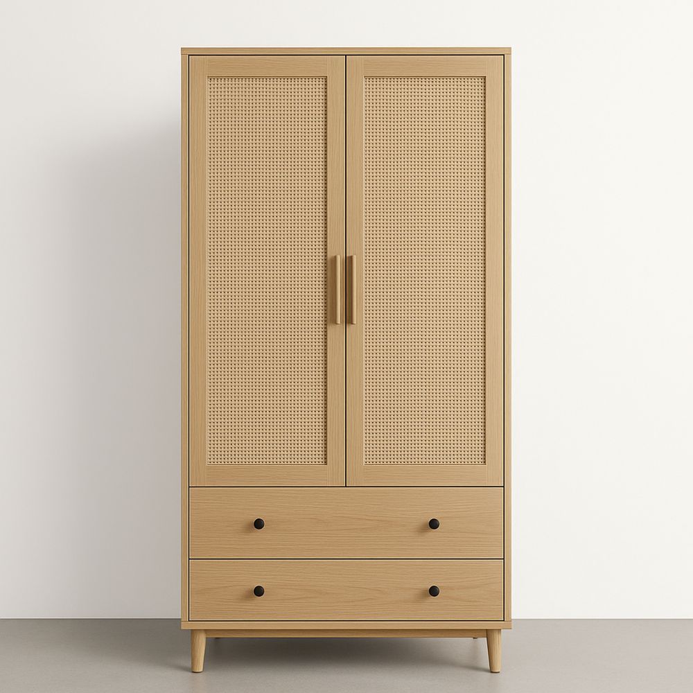 Armadio Legno e Rattan con 2 Cassetti 180x90x50 cm-Auraverilo