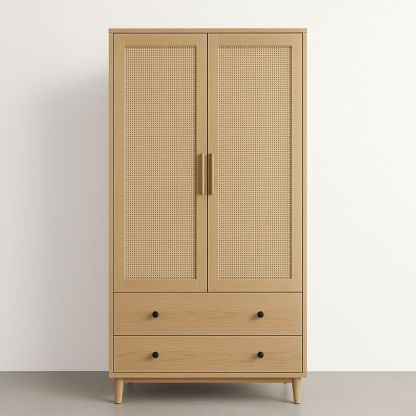 Armadio Legno e Rattan con 2 Cassetti 180x90x50 cm-Auraverilo