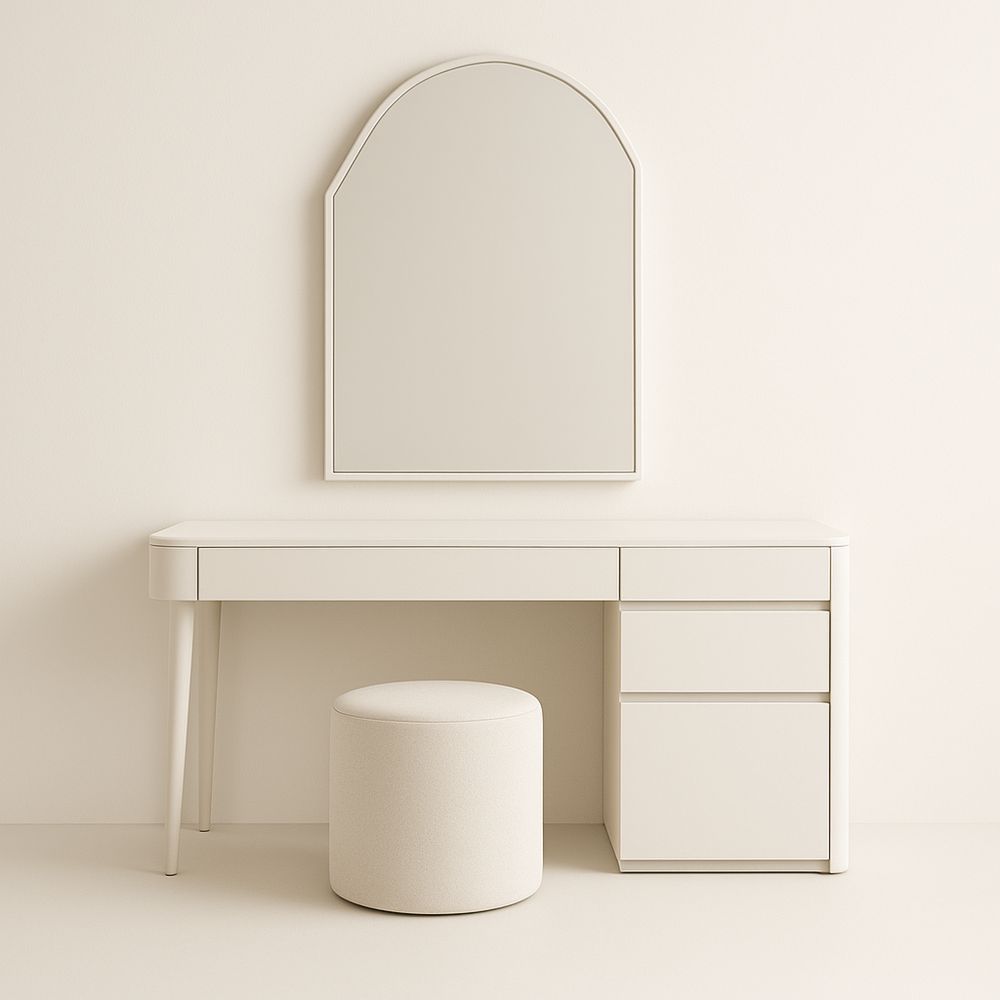 Toeletta in Legno MDF con Specchio e Sgabello Rotondo Bianco-Auraverilo