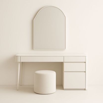 Toeletta in Legno MDF con Specchio e Sgabello Rotondo Bianco-Auraverilo