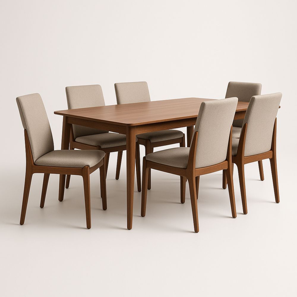 Set Tavolo da Pranzo in Legno con 6 Sedie Imbottite Beige-Auraverilo