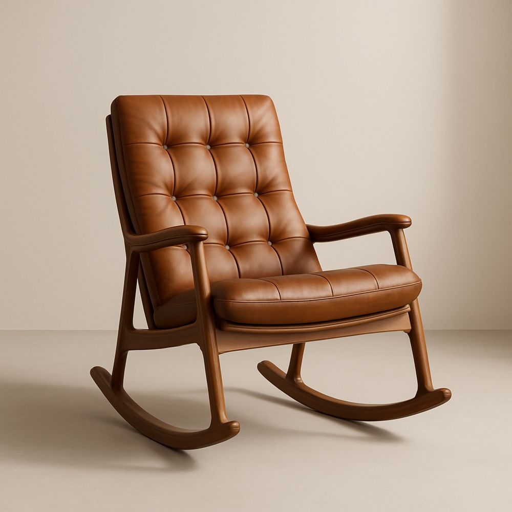 Fauteuil à bascule en bois brun et cuir synthétique, 70 x 95 x 100 cm-Auraverilo