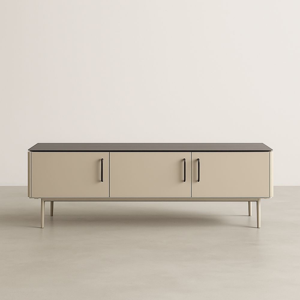 Mobile TV in MDF e Acciaio con Ante Beige e Piano Nero-Auraverilo