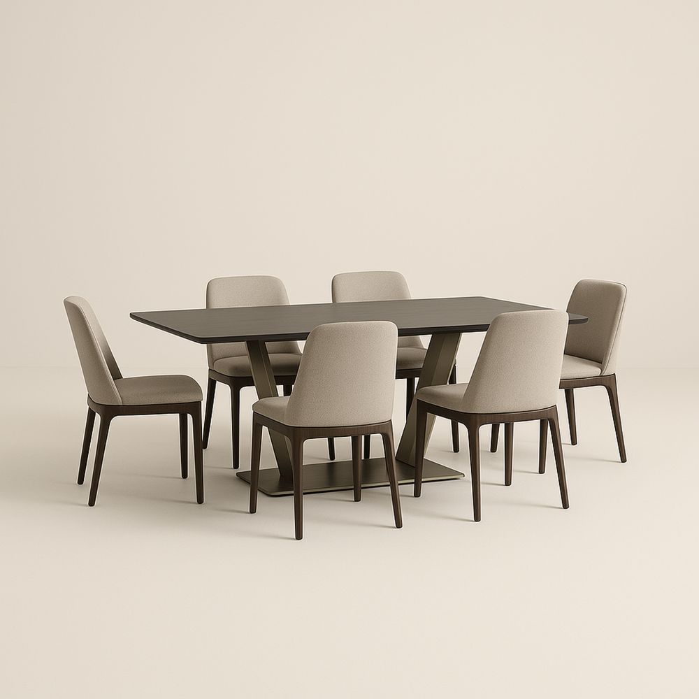 Set tavolo da pranzo rettangolare in legno e metallo con 6 sedie imbottite beige, L180 x P90 x H75 cm-Auraverilo