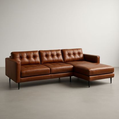 Divano Angolare in Pelle Marrone con Chaise Longue-Auraverilo