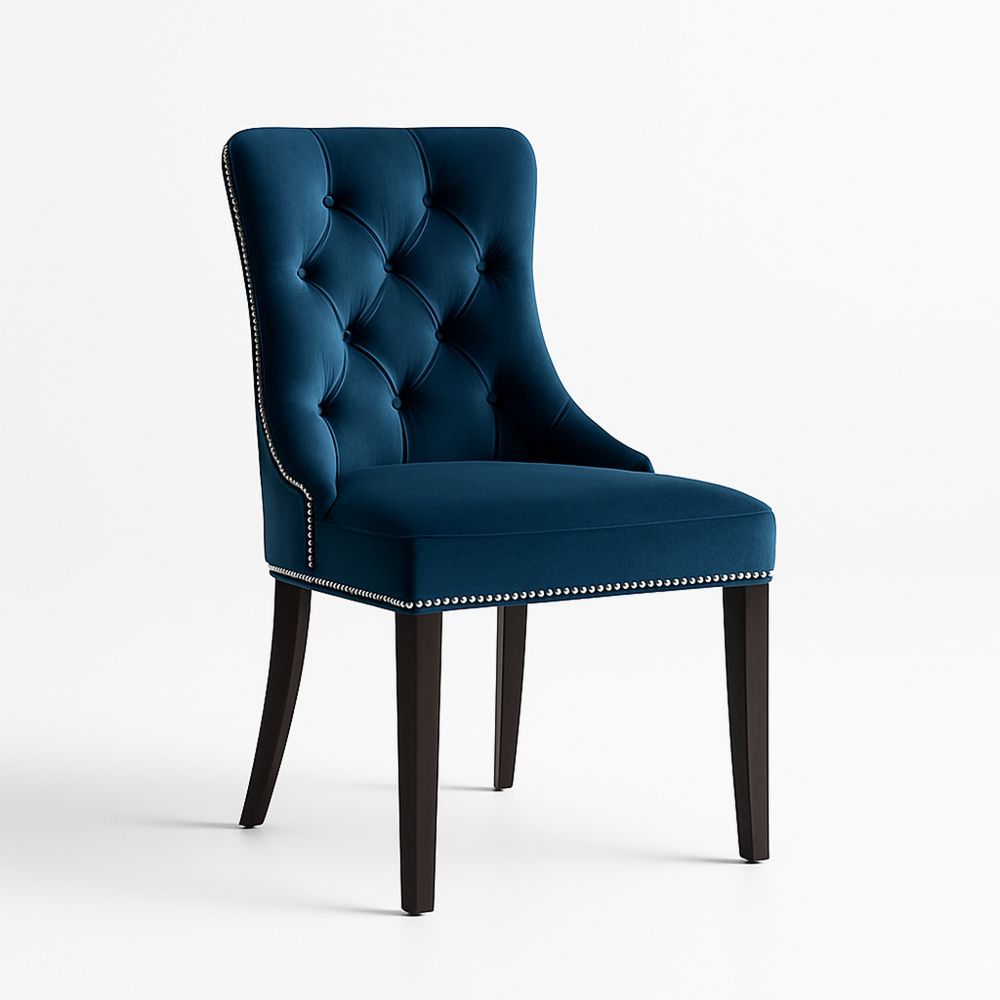 Sedia in Velluto Blu con Gambe in Legno-Auraverilo