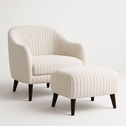 Poltrona e Poggiapiedi in Tessuto Bouclé con Gambe in Legno-Auraverilo